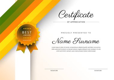 Altın rozetli ve sınırlı modern turuncu sertifikalı başarı şablonu. Diploma, ödül, iş, üniversite, okul ve şirket için tasarlandı..