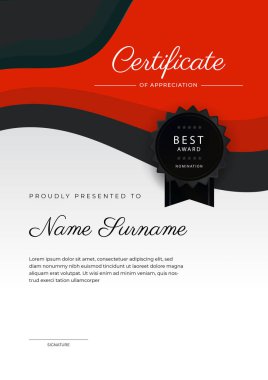 Altın rozetli ve sınırlı modern siyah-kırmızı başarı şablonu. Diploma, ödül, iş, üniversite, okul ve şirket için tasarlandı..