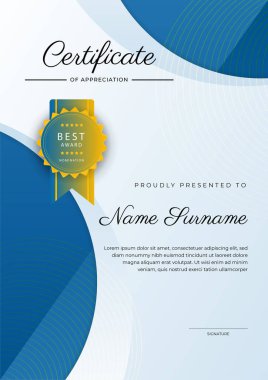 Altın rozetli ve sınırlı modern mavi ve sarı başarı sertifikası. Diploma, ödül, iş, üniversite, okul ve şirket için tasarlandı..