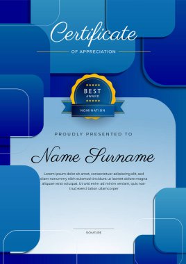 Altın rozetli ve sınırlı modern mavi ve sarı başarı sertifikası. Diploma, ödül, iş, üniversite, okul ve şirket için tasarlandı..