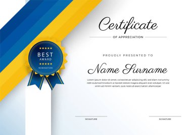 Altın rozetli ve sınırlı modern mavi ve sarı başarı sertifikası. Diploma, ödül, iş, üniversite, okul ve şirket için tasarlandı..