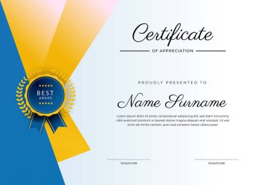 Altın rozetli ve sınırlı modern mavi ve sarı başarı sertifikası. Diploma, ödül, iş, üniversite, okul ve şirket için tasarlandı..