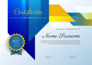 Altın rozetli ve sınırlı modern mavi ve sarı başarı sertifikası. Diploma, ödül, iş, üniversite, okul ve şirket için tasarlandı..