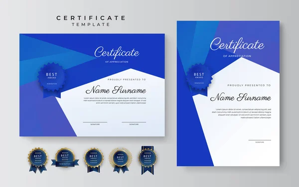 Modern Elegant Blue Certificate Achievement Template Gold Badge Border Designed — Stock Vector