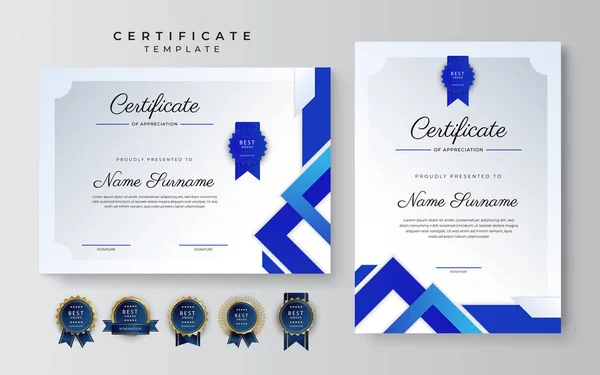 Moderno Certificado Azul Elegante Plantilla Logro Con Insignia Oro Borde — Archivo Imágenes Vectoriales
