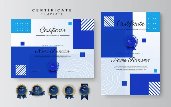 Nowoczesny Elegancki Niebieski Certyfikat Osiągnięcia Szablon Złotą Odznaką Granicą Zaprojektowany — Wektor stockowy