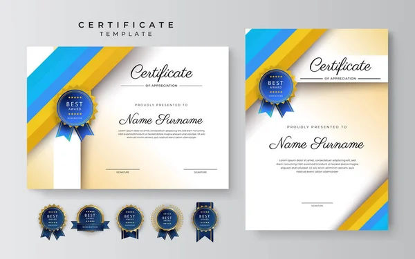 Moderno Elegante Modello Certificato Conseguimento Blu Marrone Con Distintivo Oro — Vettoriale Stock