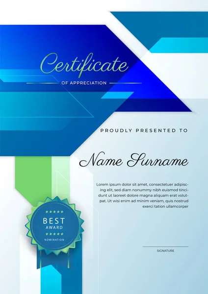 Современный Элегантный Синий Зеленый Сертификат Достижения Шаблон Золотым Значком Границы — стоковый вектор