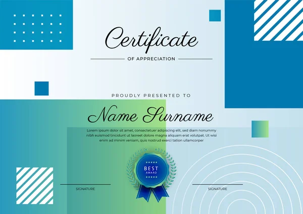 Plantilla Certificado Logro Azul Verde Elegante Moderno Con Insignia Oro — Archivo Imágenes Vectoriales