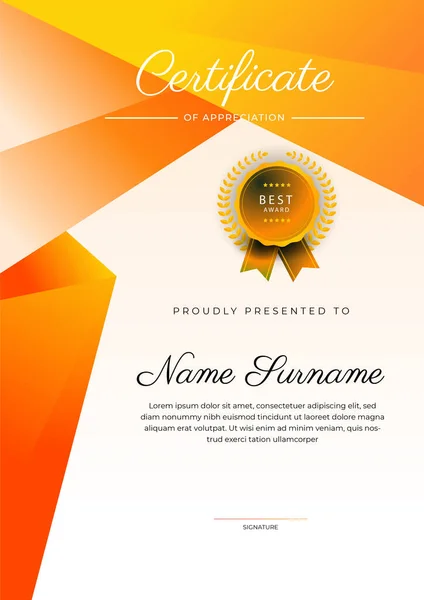 Modern Elegant Orange Certificate Achievement Template Gold Badge Border Designed — Stock Vector