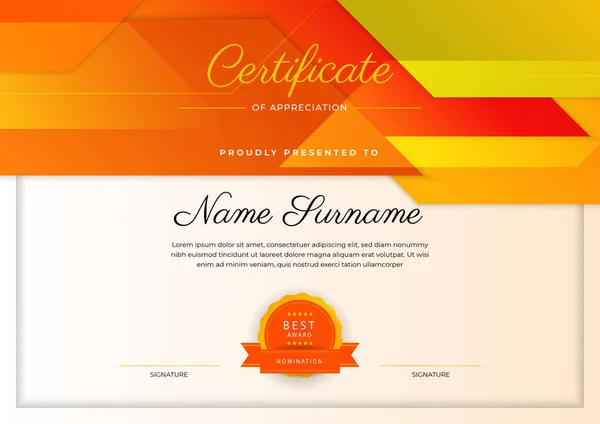 Modern Elegant Oranje Certificaat Van Prestatie Sjabloon Met Gouden Badge — Stockvector