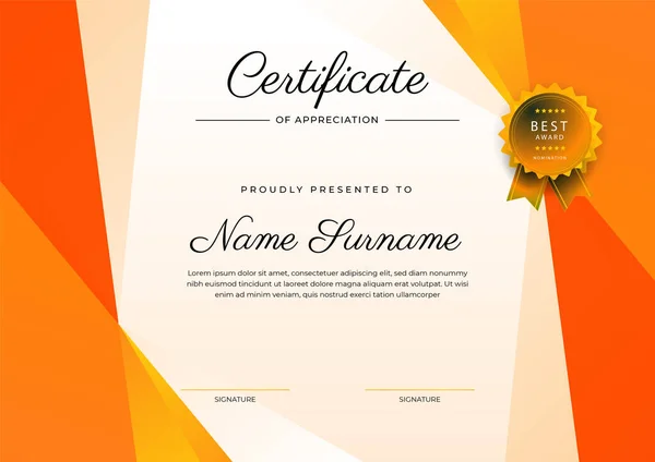 Moderno Elegante Modello Certificato Conseguimento Arancione Con Distintivo Oro Bordo — Vettoriale Stock