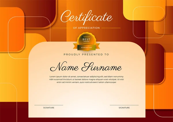 Modern Elegant Orange Certificate Achievement Template Gold Badge Border Designed — Stock Vector