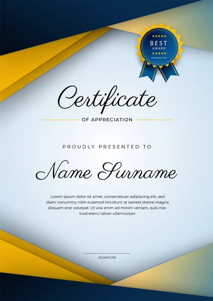 Современный Элегантный Синий Желтый Сертификат Достижения Шаблон Золотым Значком Границы — стоковый вектор