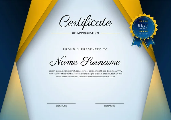 Moderno Elegante Certificado Azul Amarelo Modelo Realização Com Crachá Ouro —  Vetores de Stock