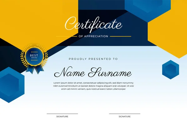 Modern Elegant Blue Yellow Certificate Achievement Template Gold Badge Border — Stock Vector
