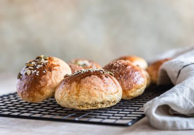 Kahverengi şeker ya da çekirdekli taze ev yapımı balkabağı çörekleri, beton arka plan.