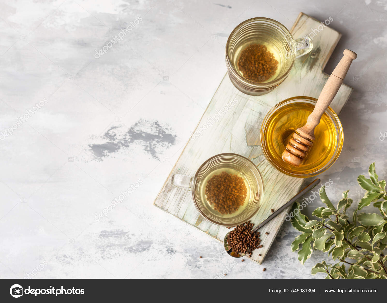 Cup Buckwheat Tea Granules Honey Light Grey Concrete Background