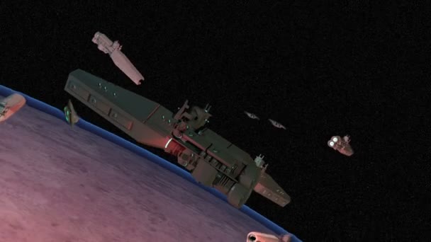 Frota espacial em órbita de um planeta — Vídeo de Stock