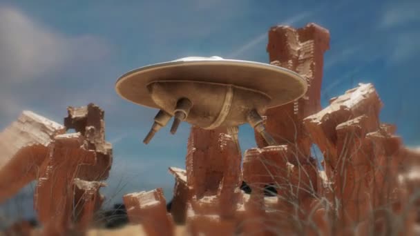 Flying saucer desert day time — стоковое видео
