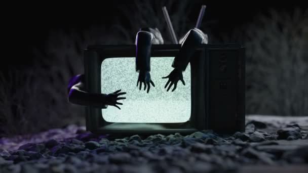 Gruseliger Fernseher Den Herum Die Hände Gefangen Sind Videoclip
