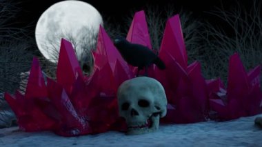 Raven and skull with crystals. Gothic concept