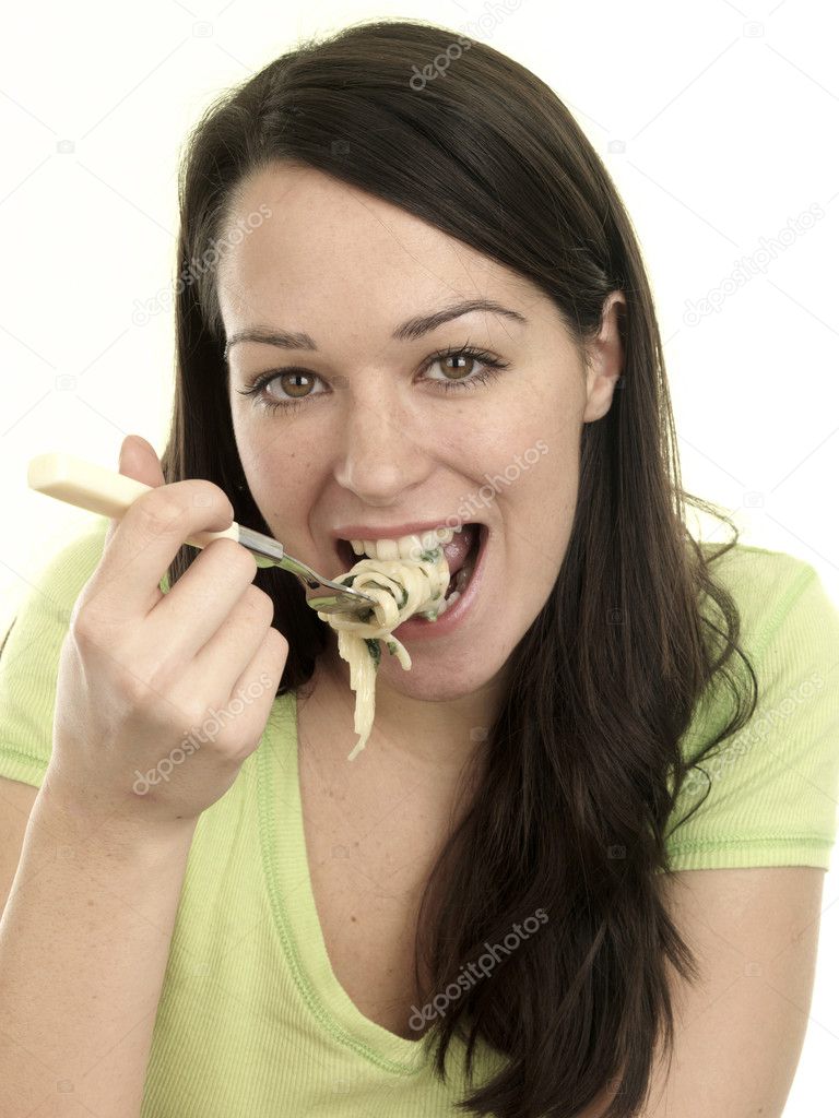 Young Woman Eating Prawn Linguine