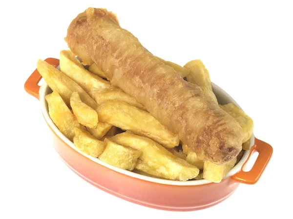 Hırpalanmış sosis ve patates kızartması — Stok fotoğraf