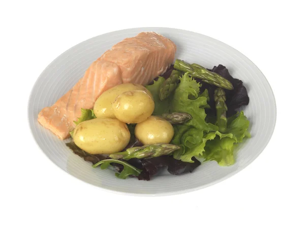 Poached Salmon with Boiled Potatoes and Salad — Stock Photo, Image