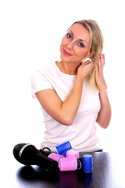 Young Woman Using Hairdryer — Stock Photo, Image