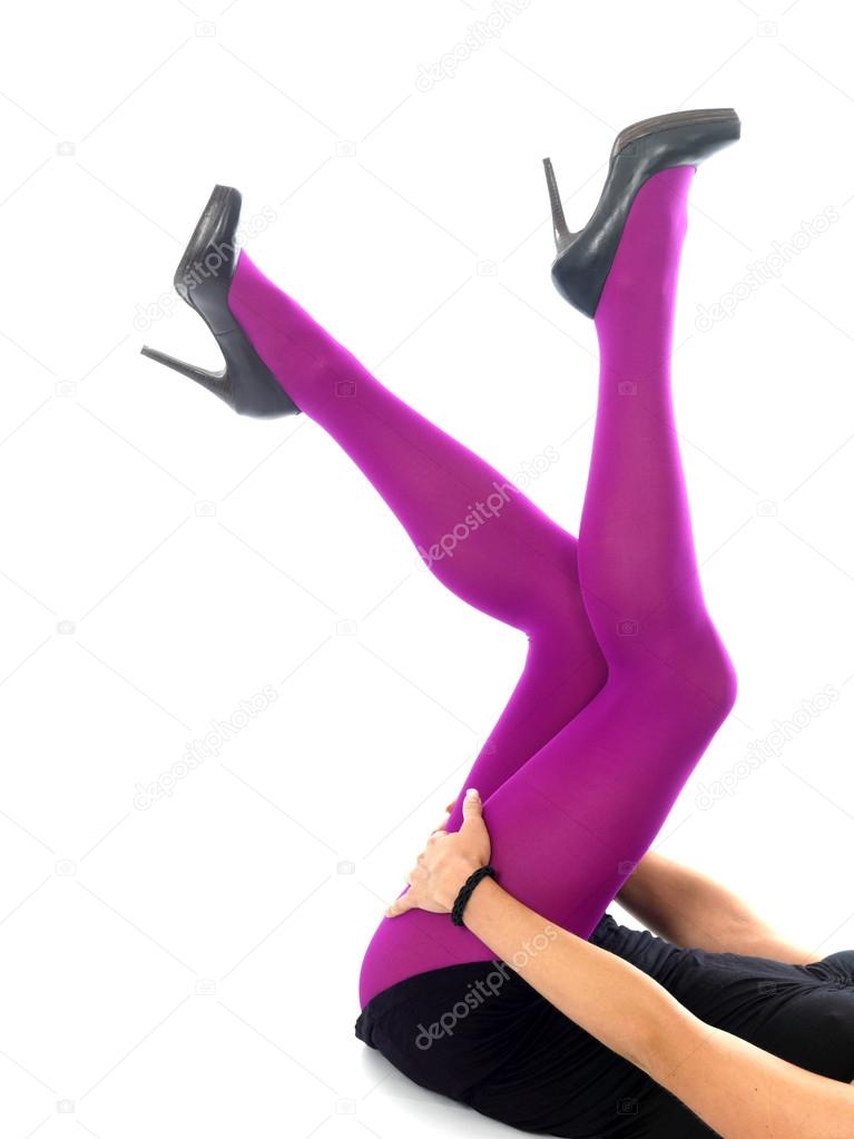 Woman's Legs In Pink Tights High Heels and Mini Skirt Stock Photo by