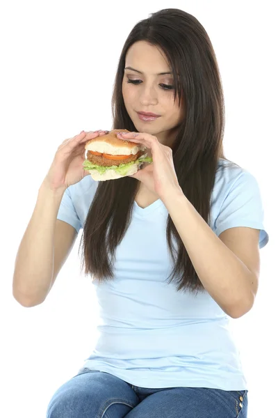 Baharatlı vejetaryen fasulye hamburger yiyen kadın — Stok fotoğraf