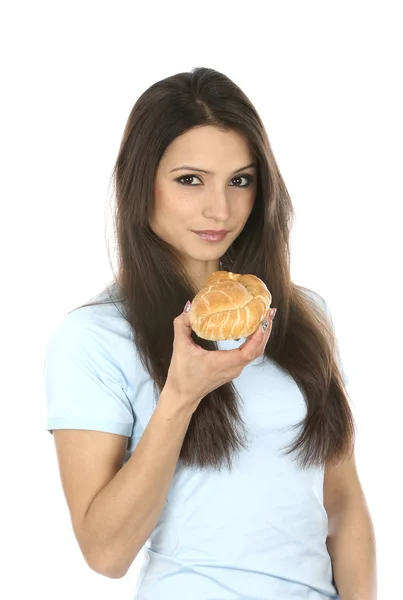 Жінка їсть на Корніш запечений Корніш тісто — стокове фото