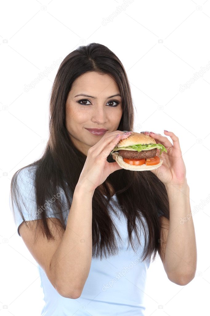 Woman Eating a Beef Burger