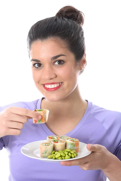 Atraente jovem mulher comer — Fotografia de Stock