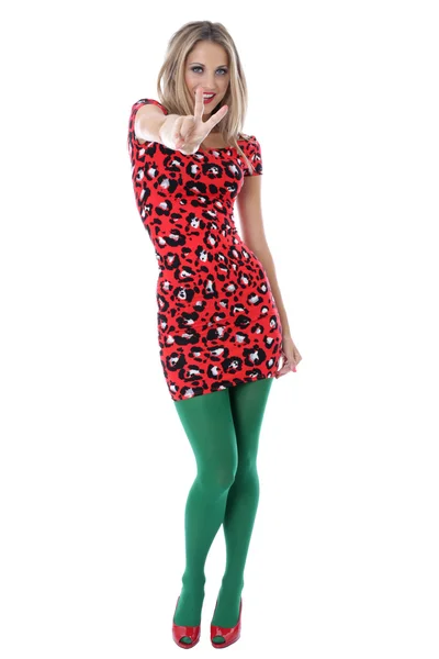 Sexy young Woman Wearing a Short Mini Dress and Green Tights — Stock Photo, Image