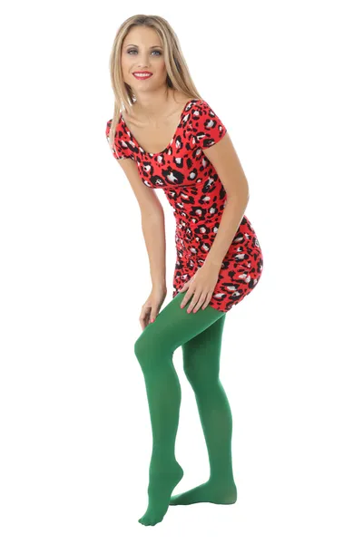 Sexy mladá žena nosí krátké mini šaty a zelené punčocháče — Stock fotografie