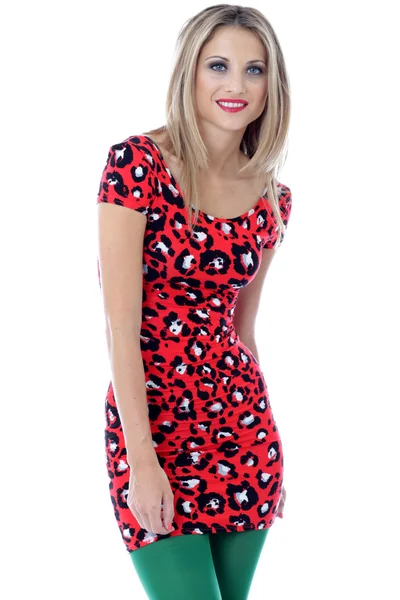 Young Woman Wearing a Red Mini Dress and Green Tights — Stock Photo, Image