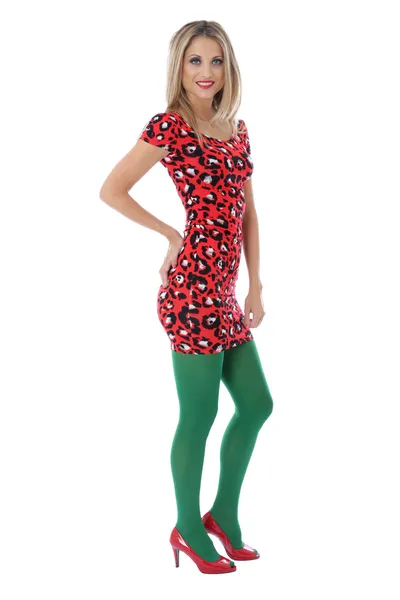 Young Woman Wearing a Red Mini Dress and Green Tights — Stock Photo, Image