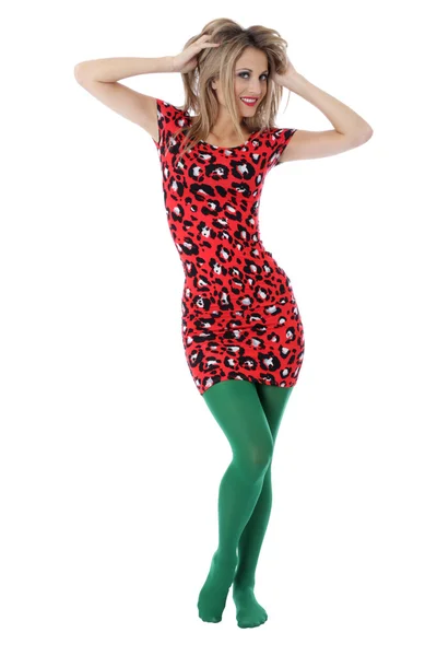 Young Woman Wearing a Red Mini Dress and Green Tights — Stock Photo, Image