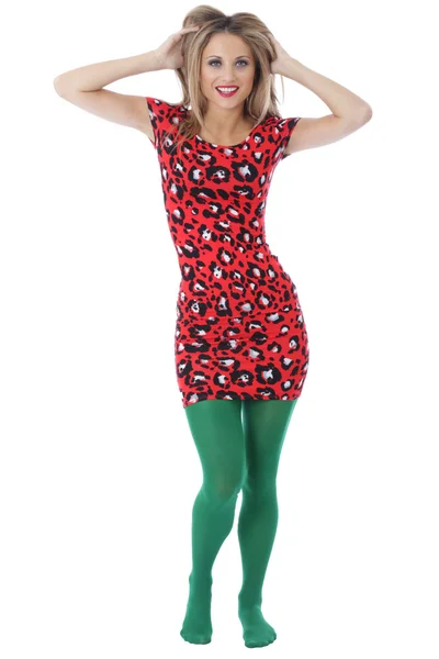 Young Woman Wearing a Red Mini Dress and Green Tights — Stock Photo, Image