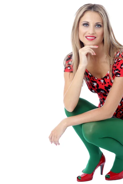 Young Woman Wearing a Red Mini Dress and Green Tights — Stock Photo, Image