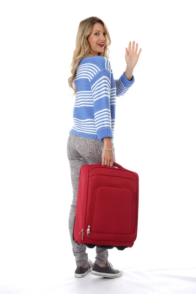 Young Woman With a Red Suitcase — Stock Photo, Image