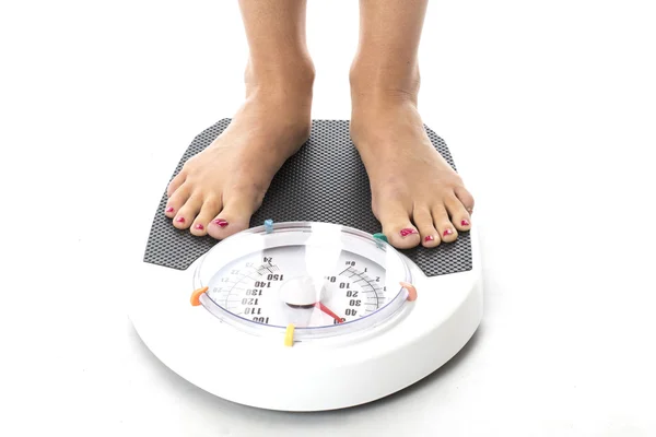 Attractive Young Woman on Bathroom Scales — Stock Photo, Image