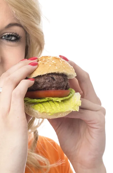 Attractive Young Woman Eating a Beef Burger — Stock Photo, Image