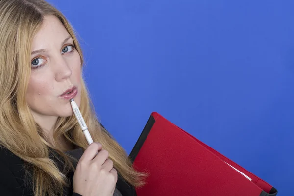 Young Business Woman Holding a Pen and File — Stock Photo, Image