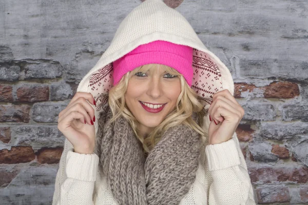 Happy Young Woman Wearing a Hooded Coat — Stock Photo, Image