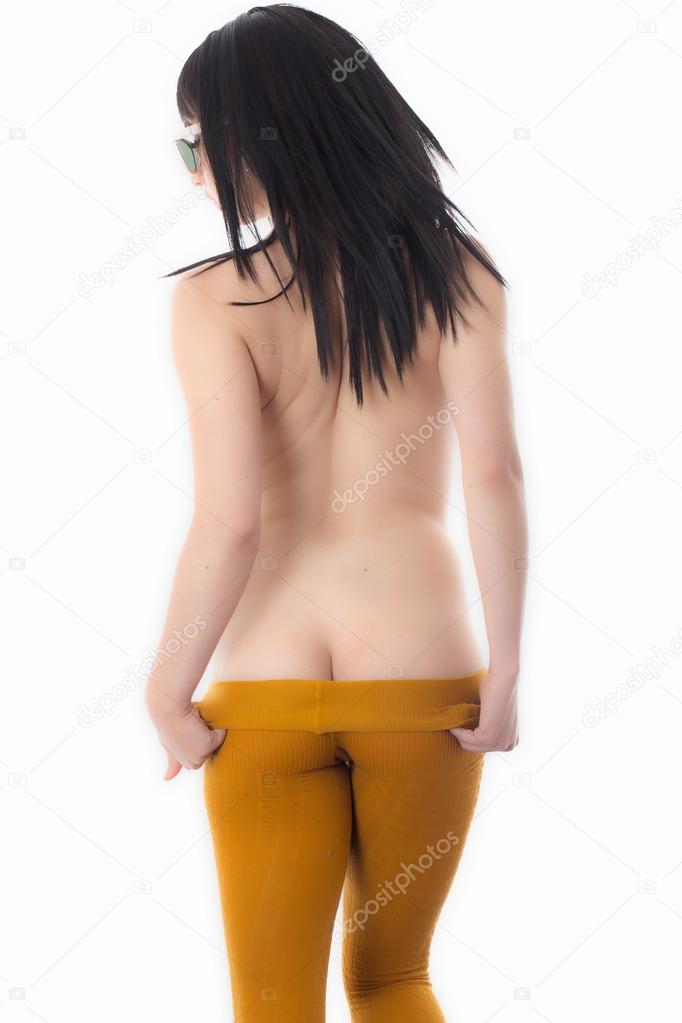 Sexy Young Topless Woman Wearing Orange Tights