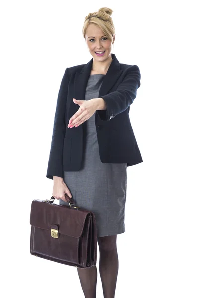 Mujer de negocios llevando maletín sacudiendo manos —  Fotos de Stock