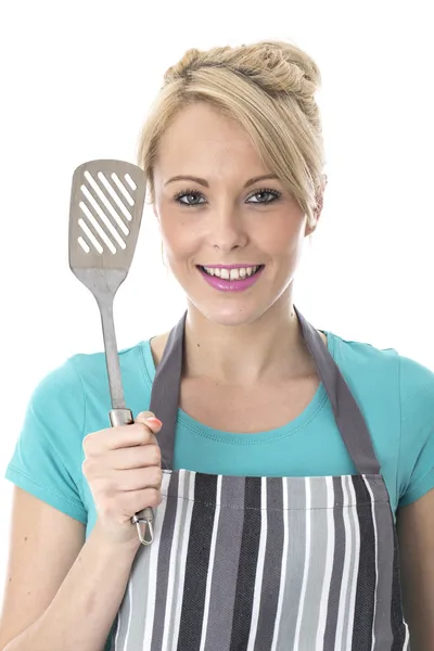 Young Woman Holding a Kitchen Slice — Stock Photo, Image